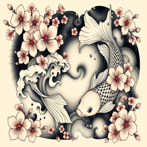 Japanese-inspired "Koi Cascade" tattoo composition showcasing graceful koi fish swimming through swirling water and cherry blossoms with meticulous attention to detail and flowing organic forms