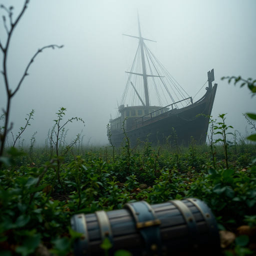 Generate an image of a shipwreck amidst a misty, overgrown wetland with a treasure chest in the foreground, using a DSLR camera with a 50mm lens, f/2.8 aperture, ISO 100, and a shallow depth of field to enhance details and ambiance, taken from a low angle to emphasize the ship's height and the surrounding foliage.