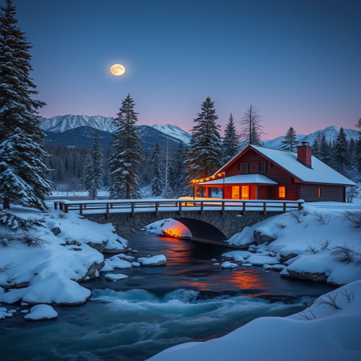 Create a serene winter landscape featuring a cozy cabin with warm light glowing from the windows, a snow-covered bridge over a gently flowing river, surrounded by tall pine trees and distant mountains under a twilight sky with a full moon, shot with a Nikon D850, ISO 100, aperture f/8, 24mm lens, shooting in landscape orientation for enhanced detail and clarity.