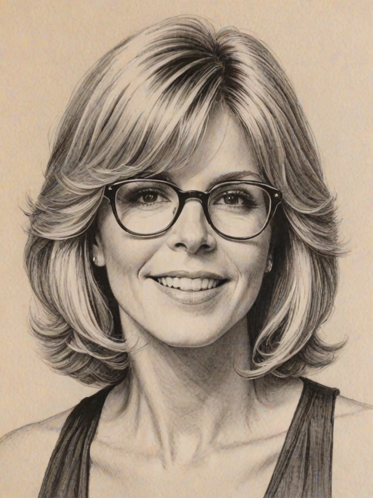 Bewitching Debby Boone, pencil sketch, portrait of Lovely woman 1976s in glasses, hair style beatnik, outline, clear lines, fine lines, 8k