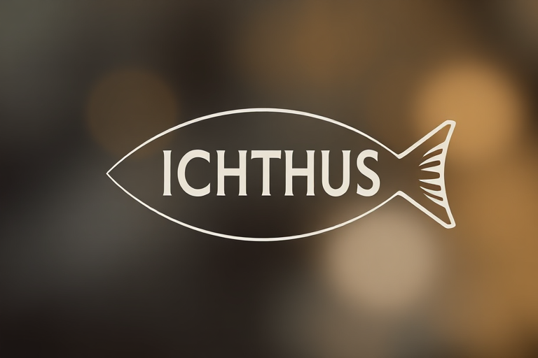 Create a high-resolution image of the Christian fish symbol with the Greek letters ICHTHUS inside, using a DSLR camera, f/2.8 aperture, 50mm lens, soft lighting, and a slight depth of field for a clear focus on the symbol against a blurred background.