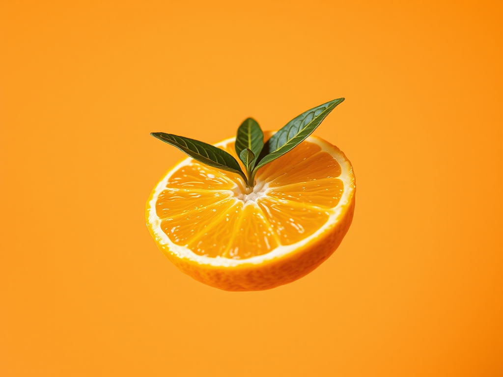 Create an image of a sliced orange with a leaf on top, floating against an orange background, using a DSLR camera set to f/2.8 aperture, ISO 100, and a focal length of 50mm, in a macro photography style.