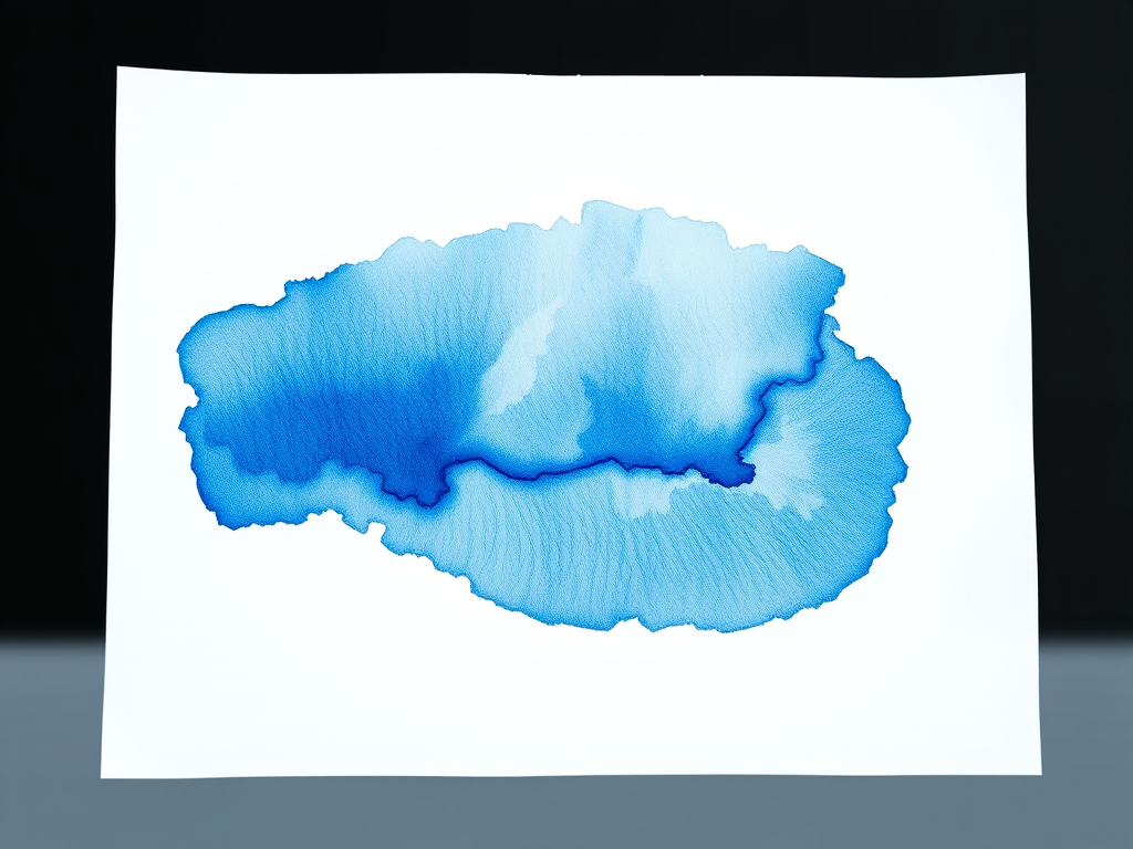 Create a high-resolution watercolor painting of a soft blue abstract design on white paper, using a Canon EOS R5 camera with a 50mm lens at f/2.8, ISO 100, and a shallow depth of field for enhanced detail and vibrancy.