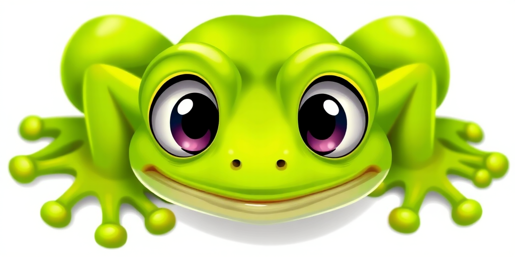 Create a vibrant illustration of a cartoon frog with large, expressive eyes and a bright green color, captured with a Canon EOS 5D Mark IV, 50mm lens, f/2.8 aperture, ISO 100, in a clean white background.