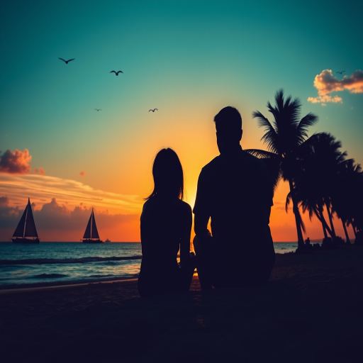 Create a silhouette image of a couple sitting on a beach at sunset, with palm trees, distant sailboats, and birds flying in the sky, using a DSLR camera with a 50mm lens, aperture f/1.8, ISO 100, golden hour lighting, and a low-angle perspective to enhance depth and color saturation.