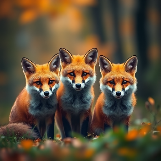 Generate a hyper-realistic image of three foxes in a vibrant forest setting with soft bokeh in the background, using a Canon EOS R5 camera, 85mm f/1.2 lens, f/2.8 aperture, 1/200s shutter speed, and ISO 100 for enhanced clarity and depth.