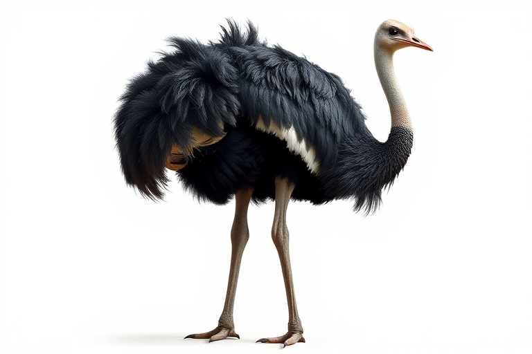 Create a highly detailed illustration of an ostrich standing upright, emphasizing its large body and long legs in a white background, using a Canon EOS R5 camera with a 50mm lens at f/2.8, shooting from a slightly low angle to capture depth, using a soft-focus style for a clean, artistic representation.