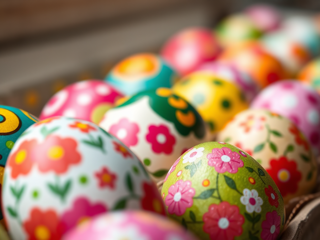 colorful decorated Easter eggs in a row, vibrant colors and patterns, high-resolution, 50mm lens, f/2.8 aperture, soft natural lighting, shot from eye level, digital camera