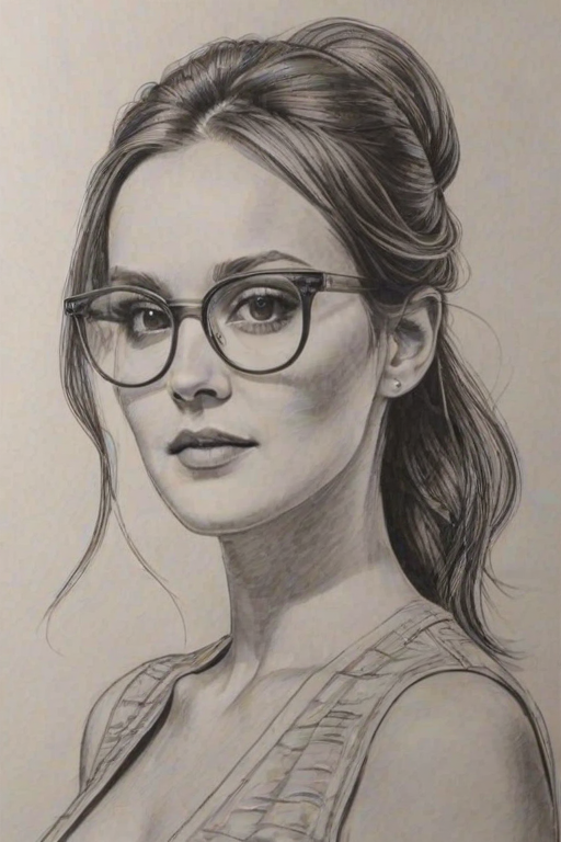 Appealing Leighton Meester, pencil sketch, portrait of Fascinating woman 1969s in glasses, hair style beatnik, outline, clear lines, fine lines, 8k