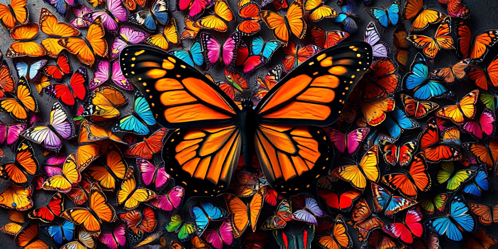 Generate an image of a large butterfly silhouette surrounded by vibrant, multicolored butterflies in a dense pattern, shot with a DSLR camera at f/2.8 aperture, ISO 200, 50mm lens, in a top-down view with a shallow depth of field for enhanced clarity.