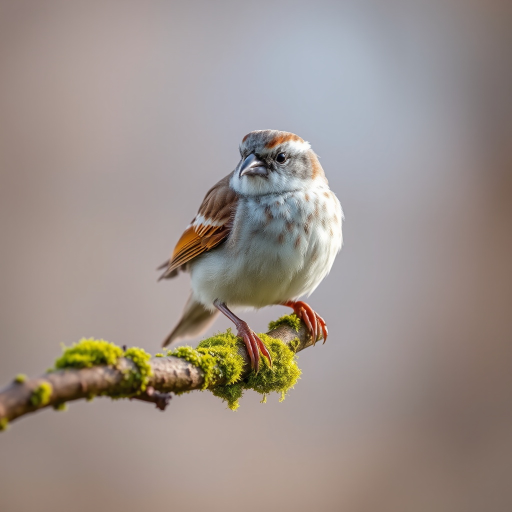 Capture a close-up shot of a house sparrow perched on a moss-covered branch, using a DSLR camera with a 70-200mm lens, aperture set to f/4 for a blurred background, ISO 200 for clarity, and a shutter speed of 1/500 seconds for crisp detail, in natural lighting conditions.