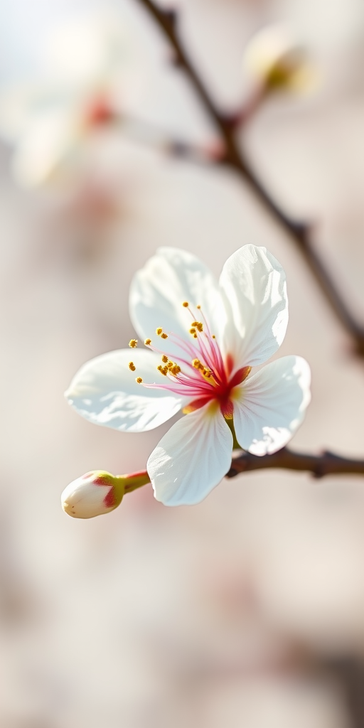 Create a close-up image of a single white cherry blossom flower on a branch with a blurred background, using a Canon EOS 5D Mark IV, 85mm f/1.4 lens, aperture set to f/2.8, ISO 100, and a shutter speed of 1/200s, soft natural lighting to enhance details and textures.