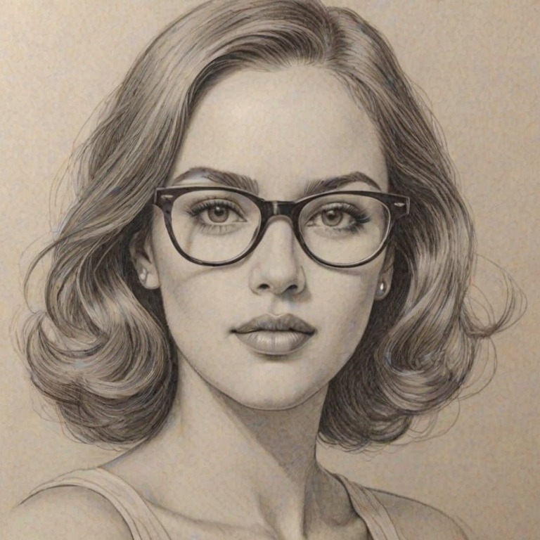Graceful Eiza Gonz'lez, pencil sketch, portrait of Delightful woman 1935s in glasses, hair style beatnik, outline, clear lines, fine lines, 8k