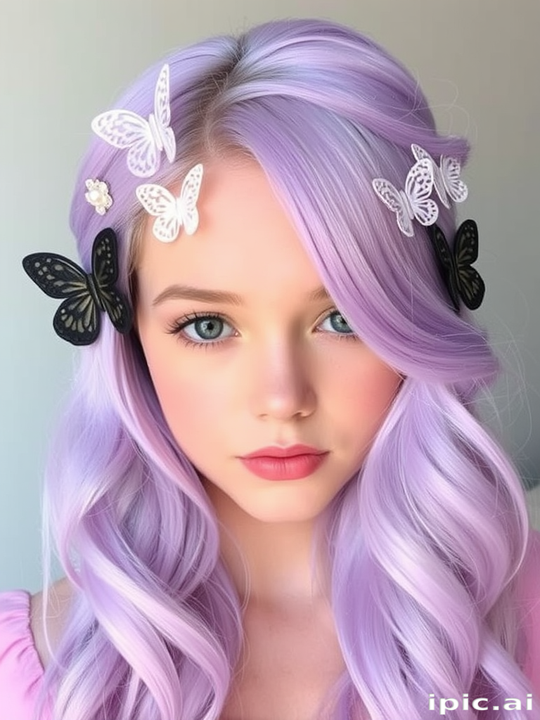 Pastel lavender waves arranged in the "Whimsical Whisper" style flow gently around her face, adorned with delicate butterfly clips and shimmering pearl accents throughout
