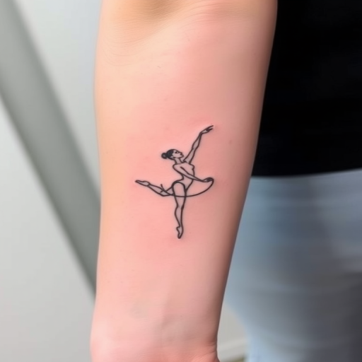 Minimalist single-line tattoo called "Fluid Motion" consisting of one continuous, unbroken line that gracefully curves and loops to form the silhouette of a dancer in motion, with the line varying slightly in thickness to create depth and movement, resulting in a deceptively simple yet elegant design that captures the essence of fluidity and grace