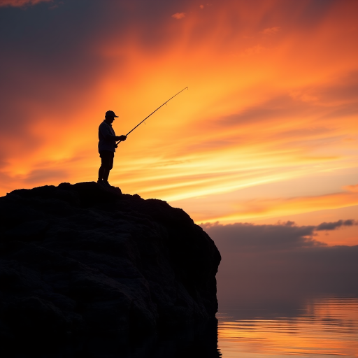 a lone fisherman standing on a rock at sunset, silhouetted against a vibrant orange sky, reflecting on calm water, captured with a Canon EOS R5 at f/8, ISO 100, 24mm lens, wide angle, high dynamic range photography