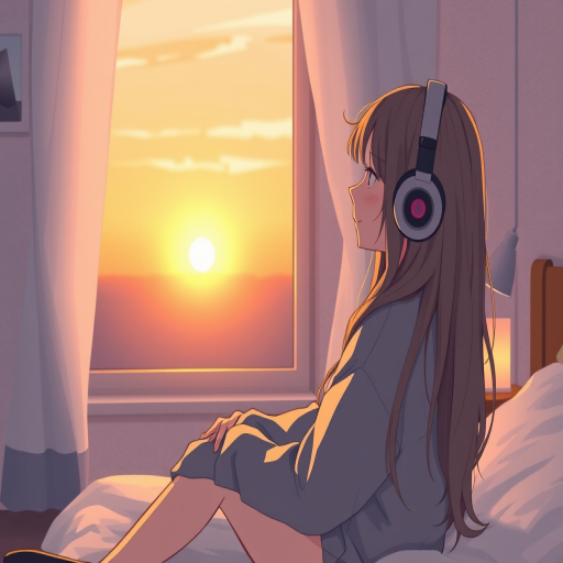 Generate a high-quality illustration of a girl with long hair wearing headphones, sitting on her bed, gazing thoughtfully out of a window at a sunset, with soft lighting illuminating her face and a cozy bedroom setting, using a Sony A7 III camera with a 35mm lens, aperture set to f/1.4, ISO 100, in a portrait orientation and cinematic style.