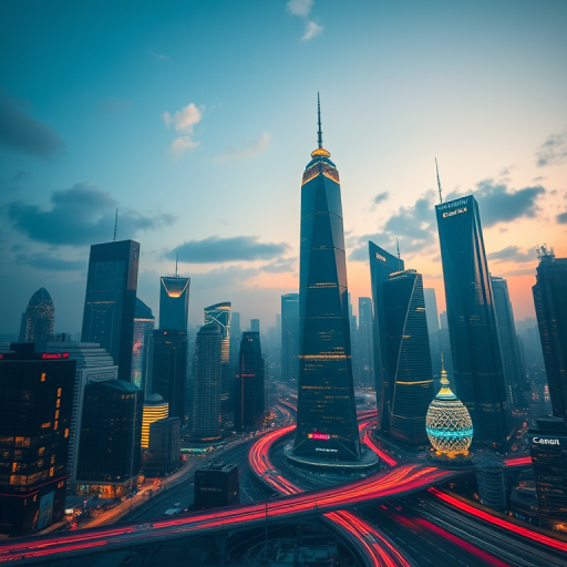 Create a futuristic cityscape with towering skyscrapers and dynamic light trails, using a Canon EOS R5, f/8 aperture, ISO 100, 24mm lens, at twilight, with a wide-angle view to capture depth and clarity.