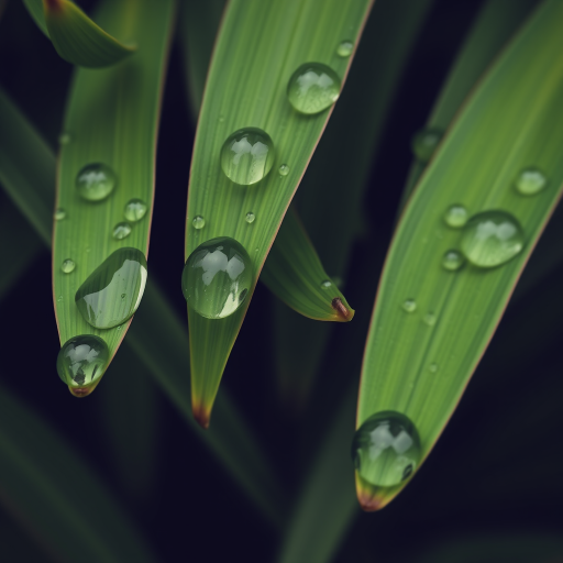 Close-up of green leaves with raindrops on them, shallow depth of field, f/2.8 aperture, 50mm lens, ISO 100, natural light, DSLR camera.