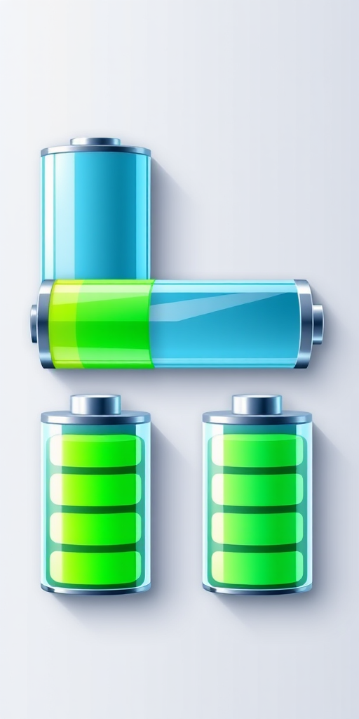 Create a high-resolution digital illustration of four battery icons in a grid format, using a Canon EOS R5 with a 50mm lens at f/1.8, ISO 100, wide angle view, soft lighting, and vibrant colors to enhance clarity and detail.