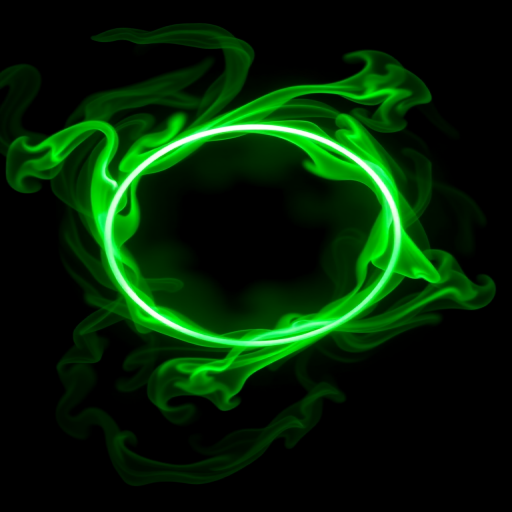Create an image of a glowing green circular frame surrounded by swirling green smoke on a black background, using a DSLR camera with a 50mm lens, aperture set to f/1.8, ISO 200, shutter speed 1/125s, in a macro photography style for enhanced detail and clarity.