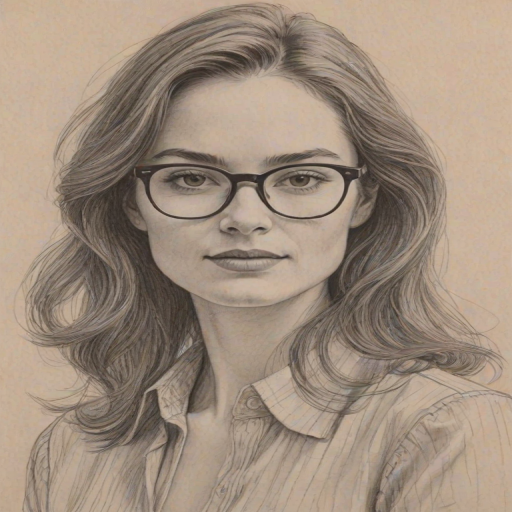 Resplendent Emily Robinson, pencil sketch, portrait of Wonderful woman 1973s in glasses, hair style beatnik, outline, clear lines, fine lines, 8k