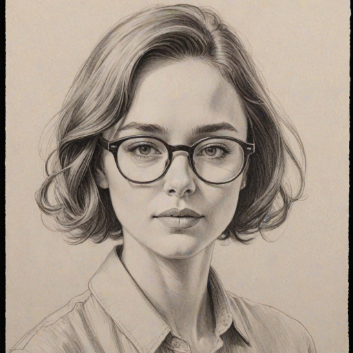Superb Elliot Page, pencil sketch, portrait of Magnificent woman 1963s in glasses, hair style beatnik, outline, clear lines, fine lines, 8k