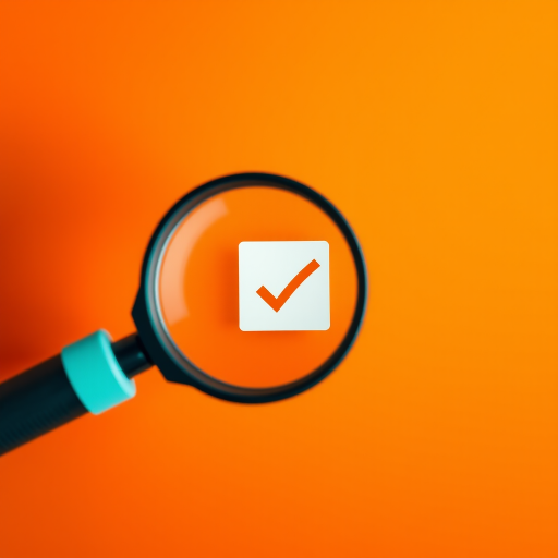Create a high-resolution image of a magnifying glass focusing on a checkbox with a checkmark inside, vibrant orange gradient background, shot with a DSLR camera at f/4.0, ISO 100, 50mm lens, overhead view, digital graphic style.