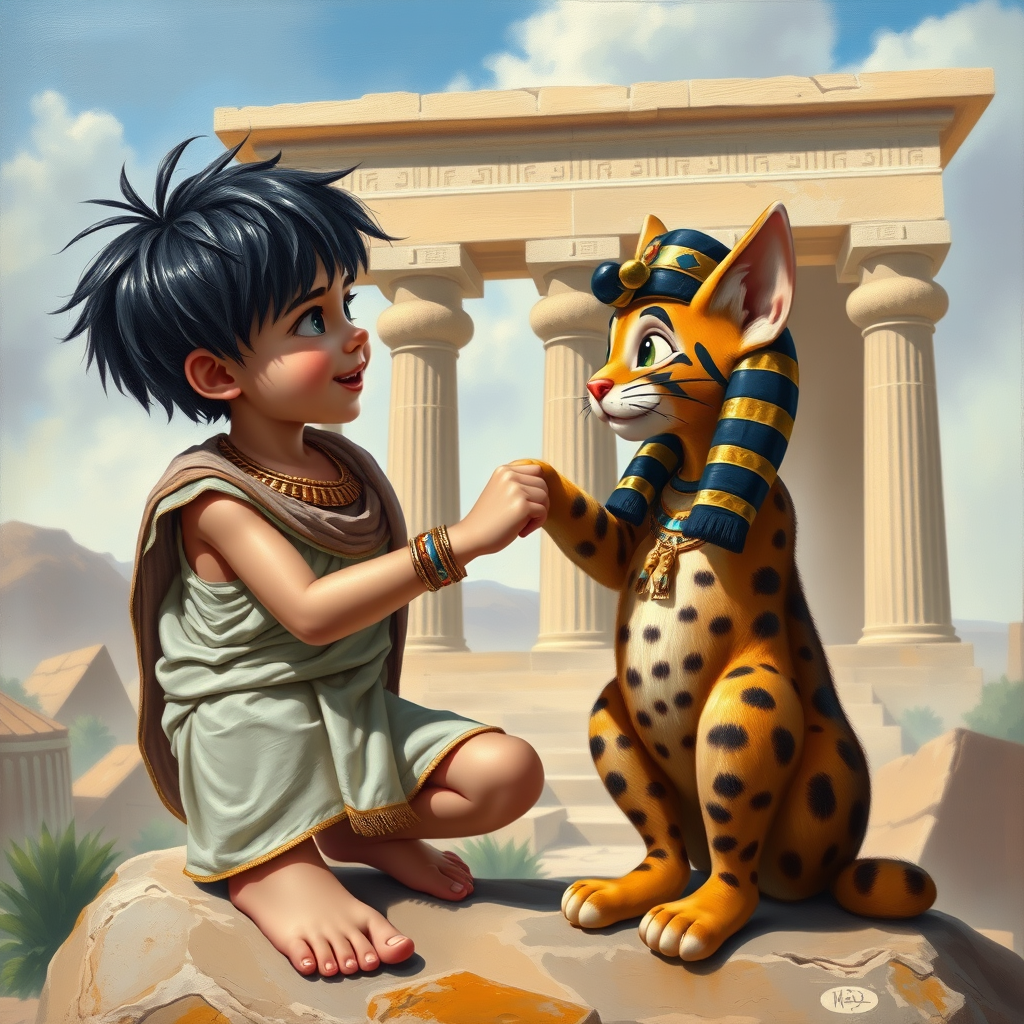 Airbrush, whimsical, glossy oil painting, hyper realism of an Ancient Egyptian boy with black messy short hair, wearing an Ancient Egyptian outfit, bare feet, sitting on a stone in front of a temple, fist bumping with his Ancient Egyptian cat, the boy and the cat looking to each other proudly.
