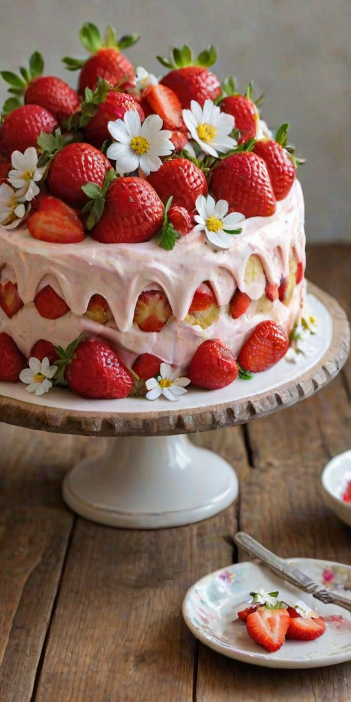 Create an image of a beautifully decorated strawberry cake. The cake should have a creamy white frosting and be topped with fresh strawberries, edible flowers, and a sprinkle of decorative elements. The setting should have a rustic wooden table with natural lighting, and there should be some additional strawberries and a small bowl of strawberry sauce nearby.