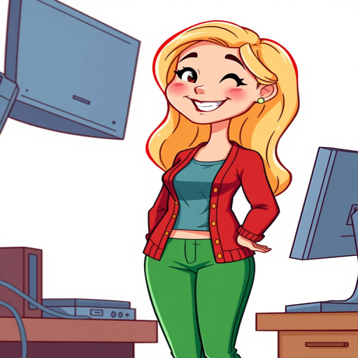 Regenerate a vibrant cartoon illustration of a smiling woman with blonde hair, wearing a red cardigan and green pants, standing next to a computer, with a bright white background, using a DSLR camera, 50mm lens, f/2.8 aperture, ISO 100, and 1/200 sec shutter speed for optimal clarity and color saturation.