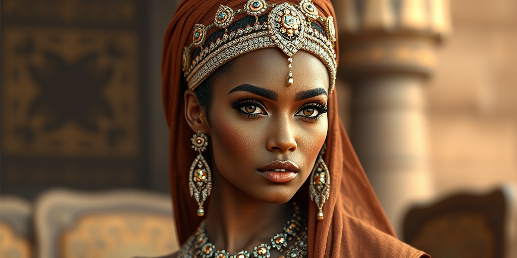 A gorgeous Tuareg woman in a luxurious brown gown, accessorized with a dazzling tiara and statement earrings, her deep orange eyes highlighted by impeccable makeup, poised in a royal setting, photorealistic, 8K quality