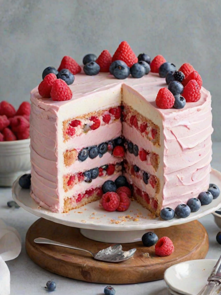 Create an image of a multi-layered cake with distinct layers of pink and white frosting, adorned with fresh raspberries and blueberries on top. The cake should have a light and fluffy appearance, with each layer visible and the frosting looking creamy and inviting. The background should be simple and elegant to emphasize the cake's colors and textures.