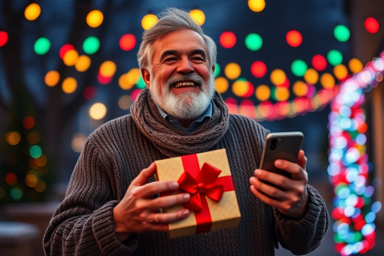 Generate an image of a joyful older man with gray hair and a beard, standing outdoors during a festive evening. He is laughing and holding a wrapped gift with a red bow in one hand and a smartphone in the other. The background is decorated with colorful holiday lights, creating a warm and cheerful atmosphere. The man is wearing a cozy sweater and a scarf.