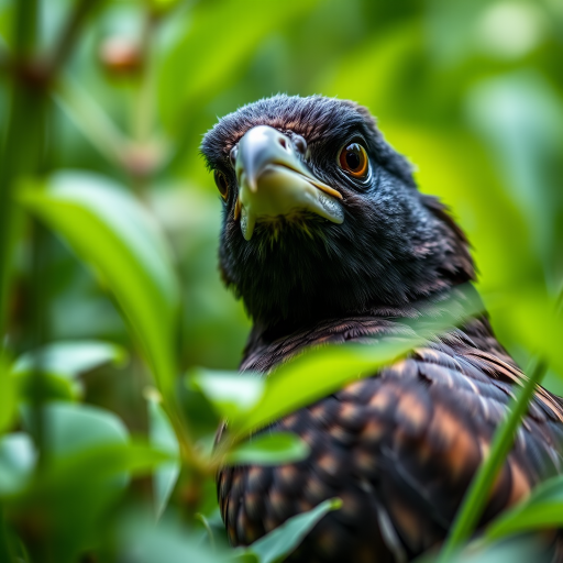 Capture a close-up of a bird in a lush green environment with a shallow depth of field, using a DSLR camera with an aperture of f/2.8, shutter speed of 1/200s, ISO 400, and a 50mm lens at eye level to highlight the details and textures in the feathers and foliage.