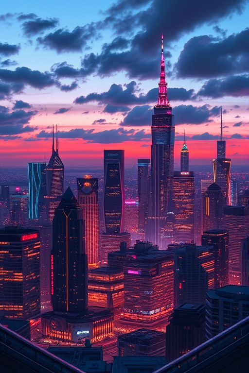 Create a high-resolution digital illustration of a futuristic city skyline at dusk with glowing neon lights, shot with a DSLR camera, aperture f/8, ISO 400, 24mm lens, using HDR style for enhanced detail and color saturation.