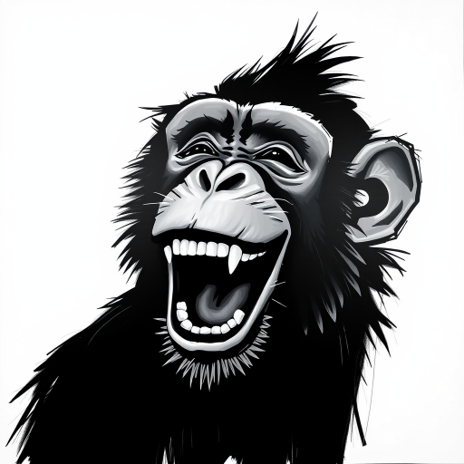 Abstract black and white acrylic portrait of an over exaggerated laughing (monkey). Minimalism style. White background.