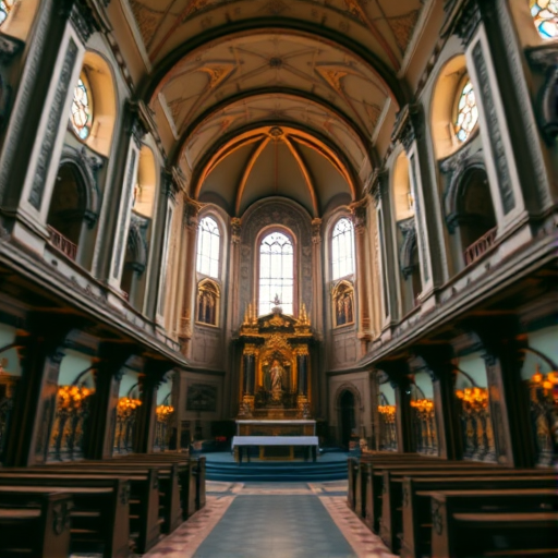 interior of an ornate church with a focus on the altar, wide-angle view, f/8 aperture, ISO 200, 18mm lens, natural lighting emphasizing the details, high dynamic range imaging, shot with a full-frame DSLR camera