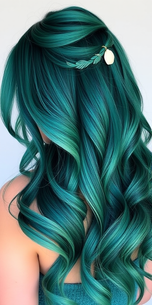 Dramatic silhouette showcases Emerald Mermaid waist-length hair, deep teal base color with lighter sea-green highlights, styled in loose mermaid waves with seashell accessories