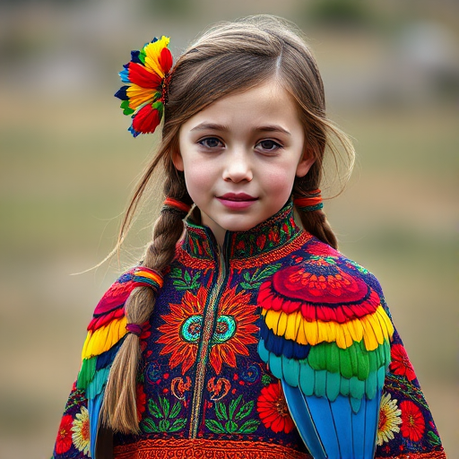 A beautiful Uzbek girl, wearing colorful bird clothing with vibrant colors