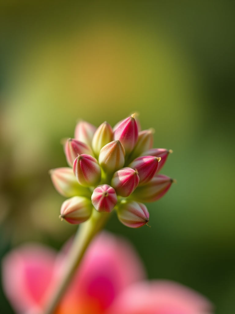 macro photography of flowering plant with detailed focus on buds, shallow depth of field, f/2.8 aperture, 50mm lens, ISO 100, natural light, DSLR camera, vibrant colors, soft background blur