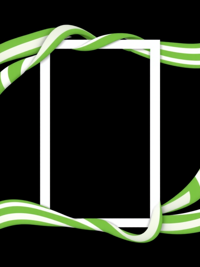 Generate an image of a rectangular frame with a twisted green and white striped border on a black background, using a 50mm lens, f/2.8 aperture, ISO 100, shot from a straight-on perspective with a digital camera.