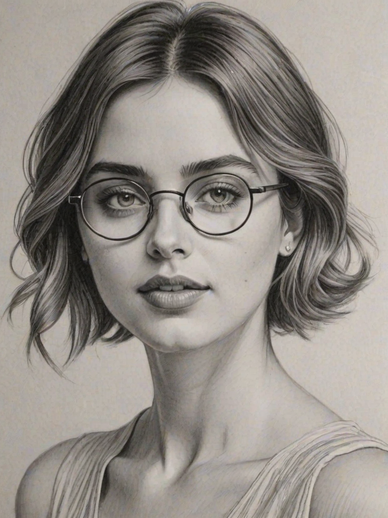 Gorgeous Ana de Armas, pencil sketch, portrait of Pleasing woman 1924s in glasses, hair style beatnik, outline, clear lines, fine lines, 8k