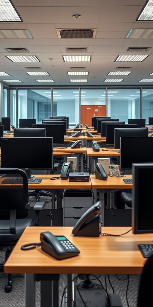 A modern office workspace with multiple computer desks featuring large monitors, ergonomic chairs, and telephones, captured with a DSLR camera at f/8 aperture, ISO 200, 24mm lens, in a medium-wide angle view to enhance clarity and detail.