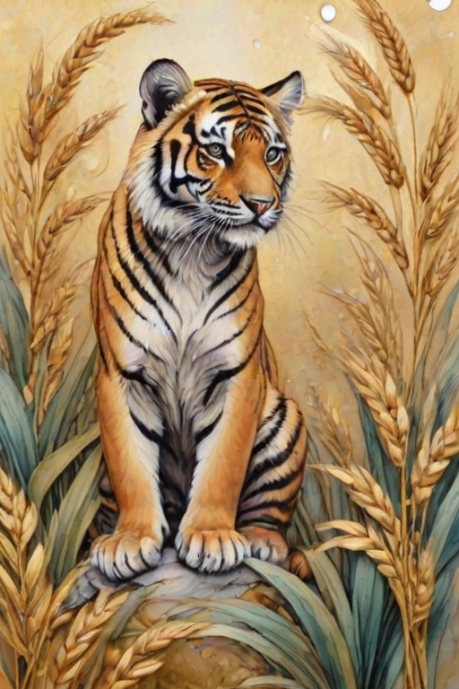 Soft, muted Alcohol Ink with ebru effect background image of tiny whimsical tiger, who climbed high on the top of a golden rye ear.