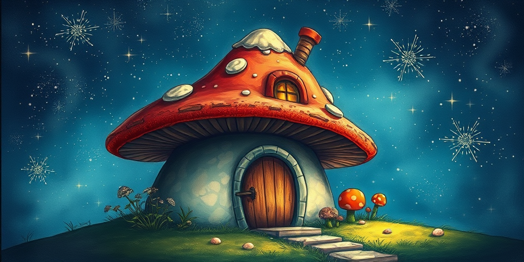 this image is illustration of a mushroom house with a door and a window, a storybook , fantasy art, mushroom house, bg starry sky, sparkles