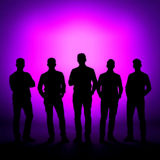 regenerate the image of five silhouettes of people standing against a purple background with gears, use a DSLR camera, aperture f/2.8, shutter speed 1/125s, ISO 100, 35mm lens, soft focus style