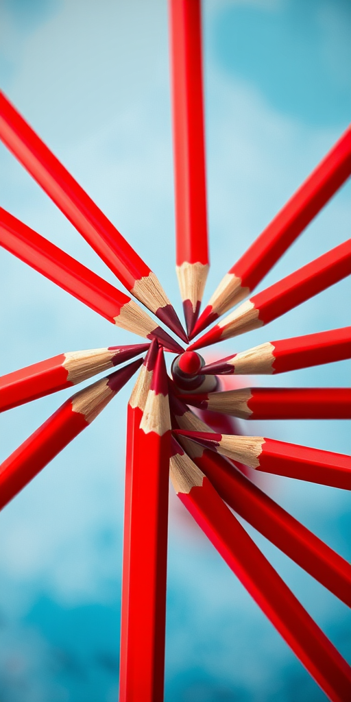 Regenerate the image of red colored pencils arranged in a dynamic spiral formation, using a DSLR camera with a 50mm lens, f/2.8 aperture, ISO 100, and a shallow depth of field to create a blurred background, capturing vibrant colors and sharp details.