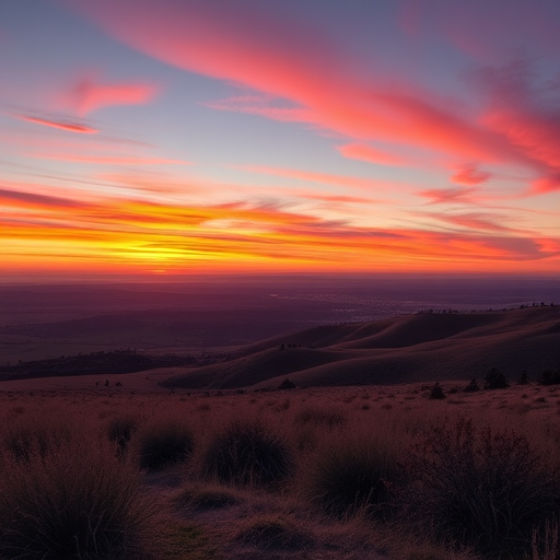 Generate a high-resolution image of a serene landscape at sunset with vibrant colors, using a Canon EOS R5, 24mm lens, f/8 aperture, ISO 100, 1/125 sec shutter speed, in landscape orientation.