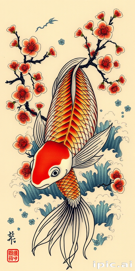 Japanese Irezumi tattoo called "Koi Ascending" showcasing a large-scale koi fish swimming upstream amidst cherry blossoms and waves, rich in symbolism and traditional imagery